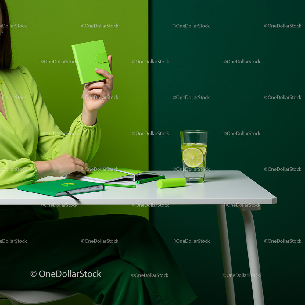 Woman in Green with Notebook at Modern Desk
