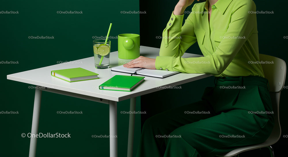 Woman in Green Attire at Minimalist Desk Workspace