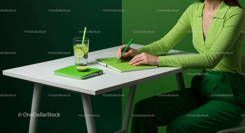 Woman in Green Writing at Modern Minimalist Desk