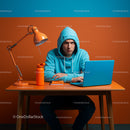 Young Man in Blue Hoodie Working at Vibrant Orange Desk