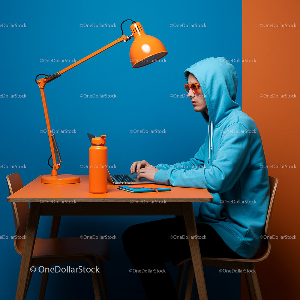 Person in Blue Hoodie Working in Bright Orange and Blue Interior