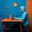 Person in Blue Hoodie Working in Bright Orange and Blue Interior
