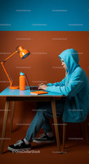 Young Man in Blue Hoodie Working at a Vibrant Desk Setup