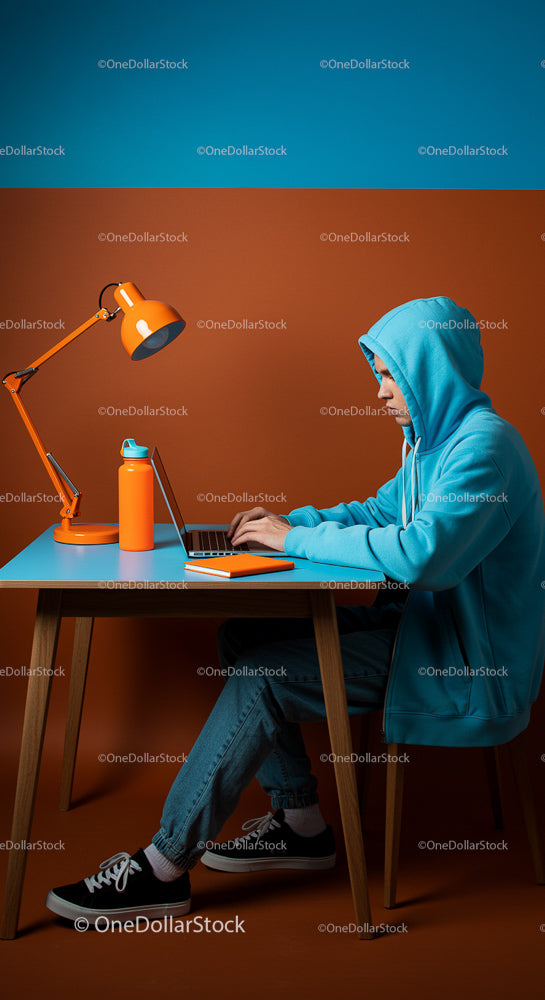 Young Man in Blue Hoodie Working at a Vibrant Desk Setup