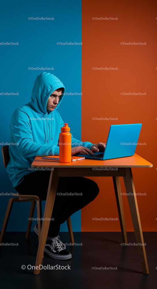 Young Adult in Hoodie Working at Colorful Desk
