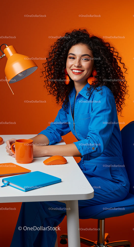 Smiling Woman in Blue Jumpsuit Against Vibrant Orange Backdrop