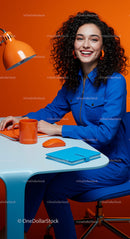 Smiling Woman in Blue Jumpsuit at Colorful Workspace