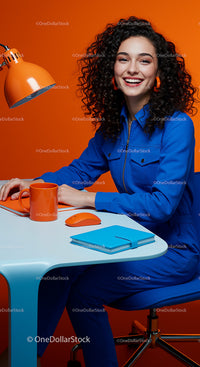 Smiling Woman in Blue Jumpsuit at Colorful Workspace