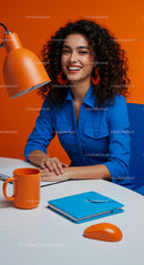 Smiling Woman in Blue Shirt with Orange Office Accessories