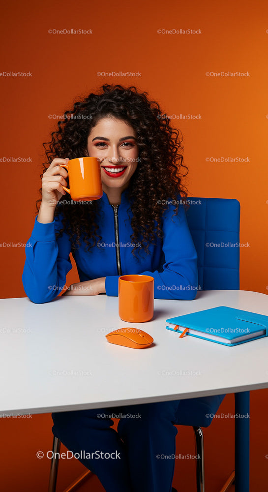 Smiling Woman with Coffee Mug in Colorful Office Setting