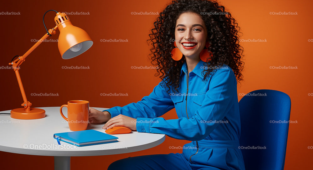 Smiling Woman in Blue Outfit at Vibrant Orange Desk