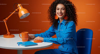 Smiling Woman in Blue Outfit at Vibrant Orange Desk