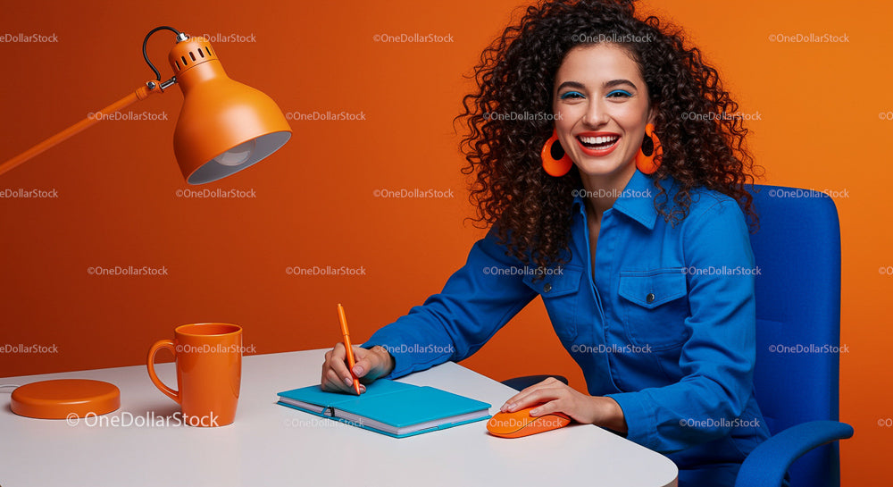 Smiling Woman in Blue Shirt at Vibrant Orange Office