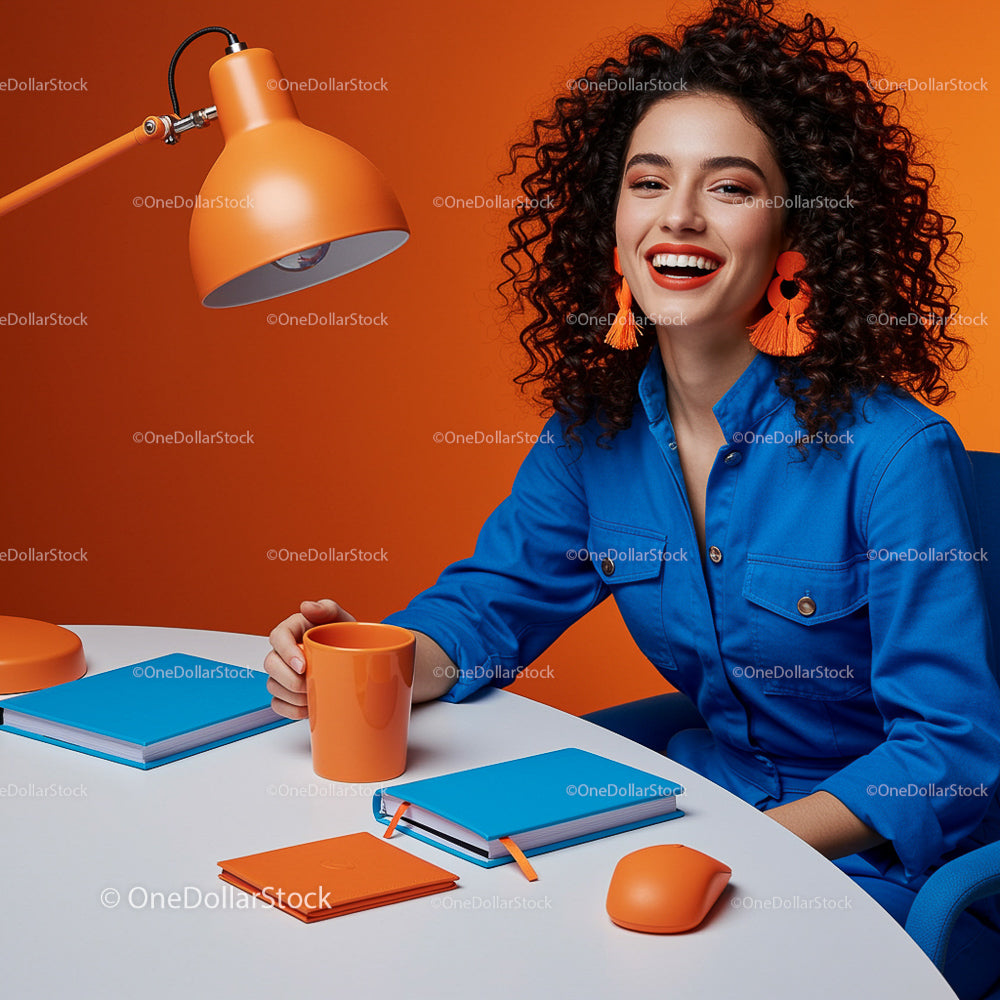 Cheerful Woman in Vibrant Orange and Blue Office