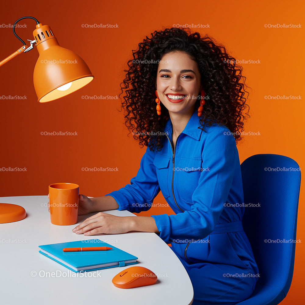 Smiling Woman in Blue with Orange Accents in Modern Office