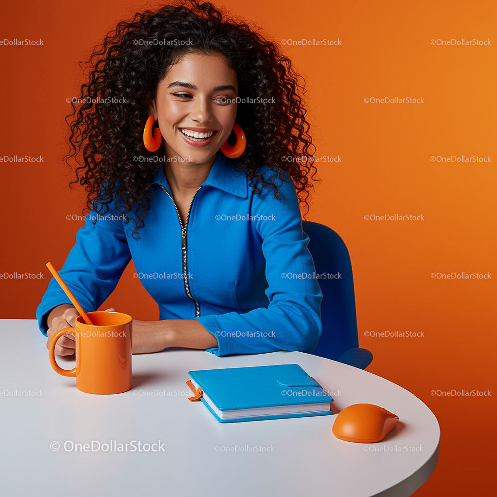 Smiling Woman in Blue Jacket in Vibrant Office Setting