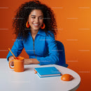 Smiling Woman in Blue Jacket in Vibrant Office Setting