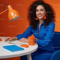 Smiling Woman in Blue with Orange Office Accessories