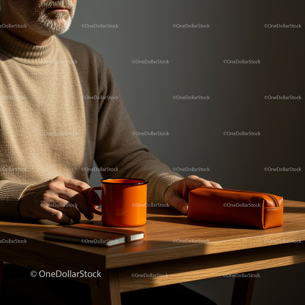 Man in Cozy Sweater with Orange Mug at Wooden Table