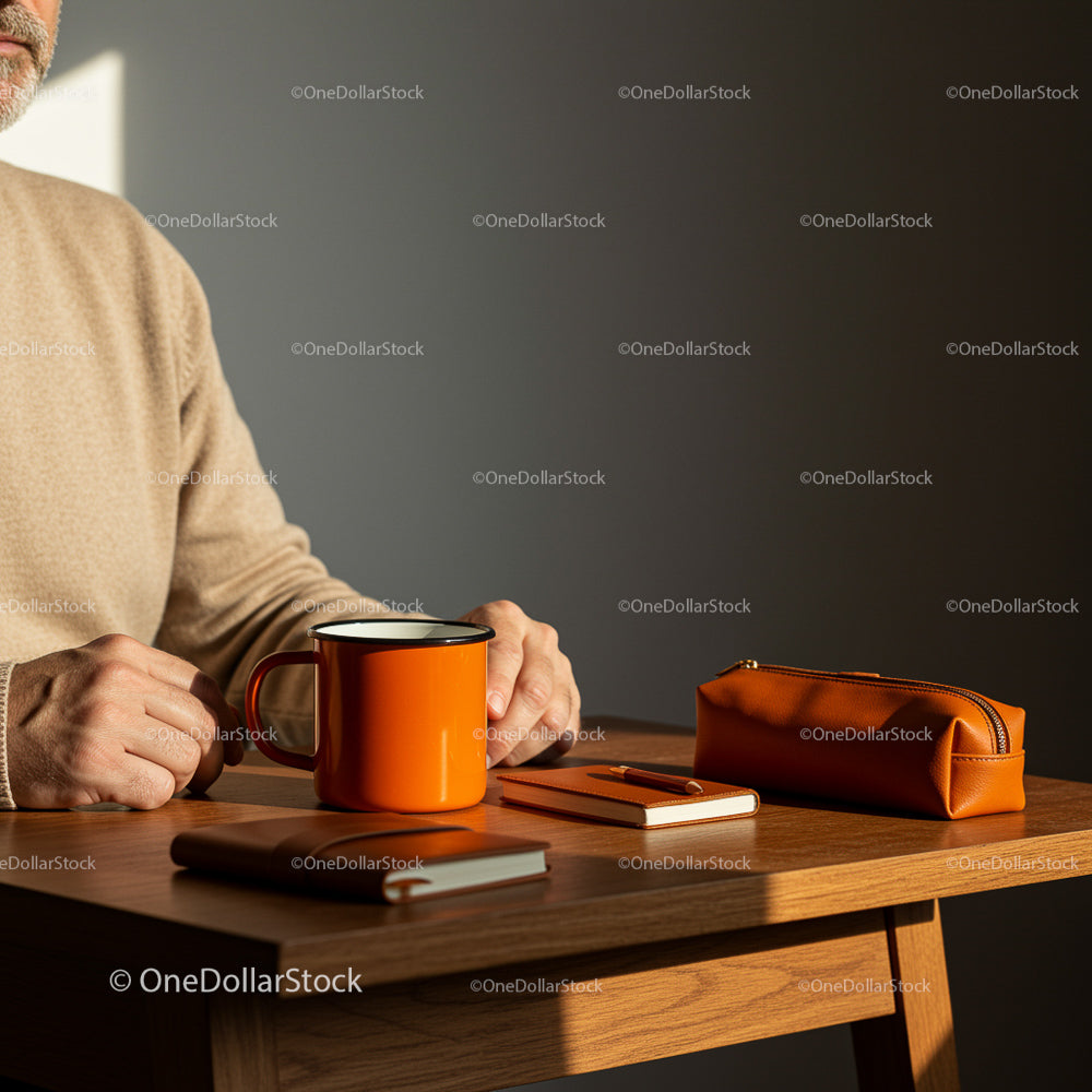 Cozy Morning with Coffee and Writing Tools on Wooden Desk