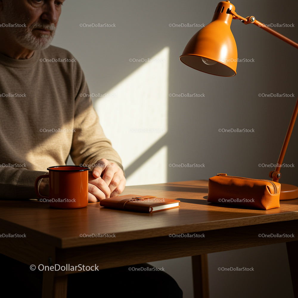 Elderly Man Reflecting at Wooden Desk with Orange Mug
