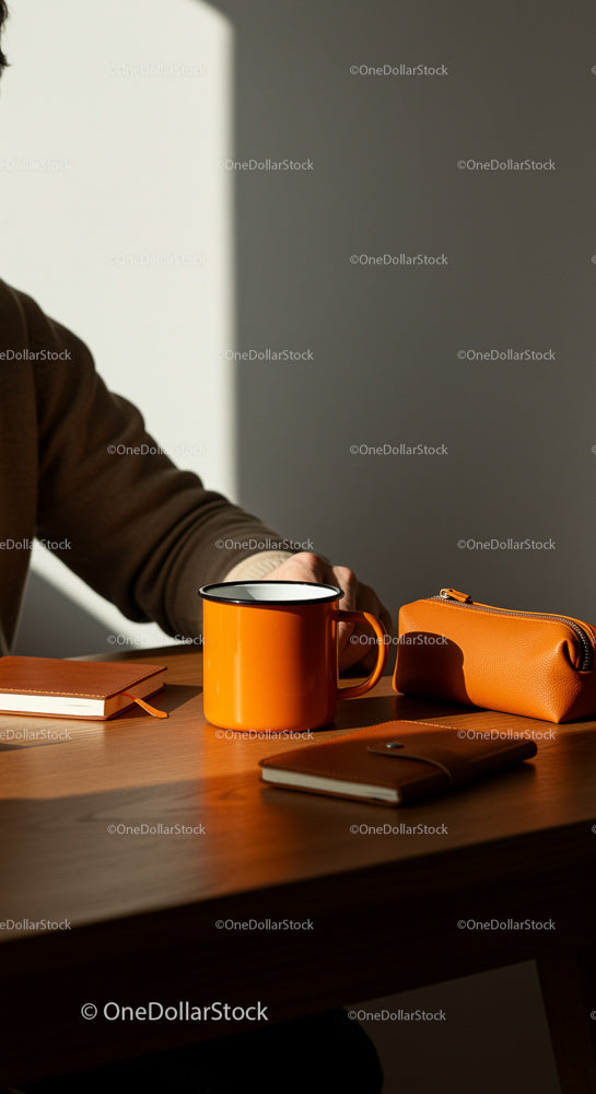 Cozy Workspace with Orange Mug in Warm Sunlight