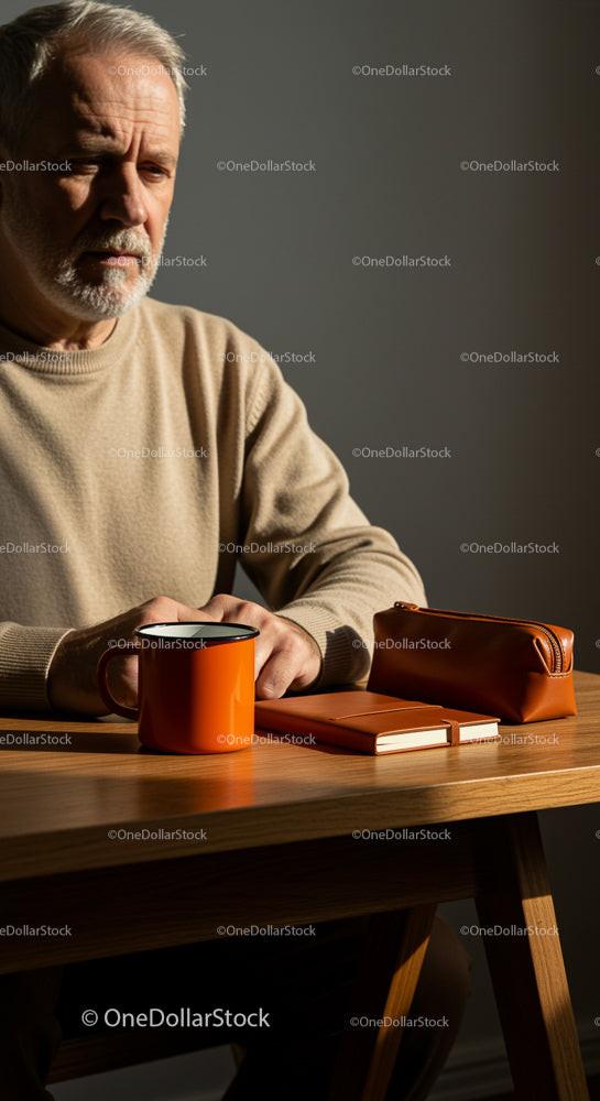 Mature Man Reflecting with Coffee at Wooden Table