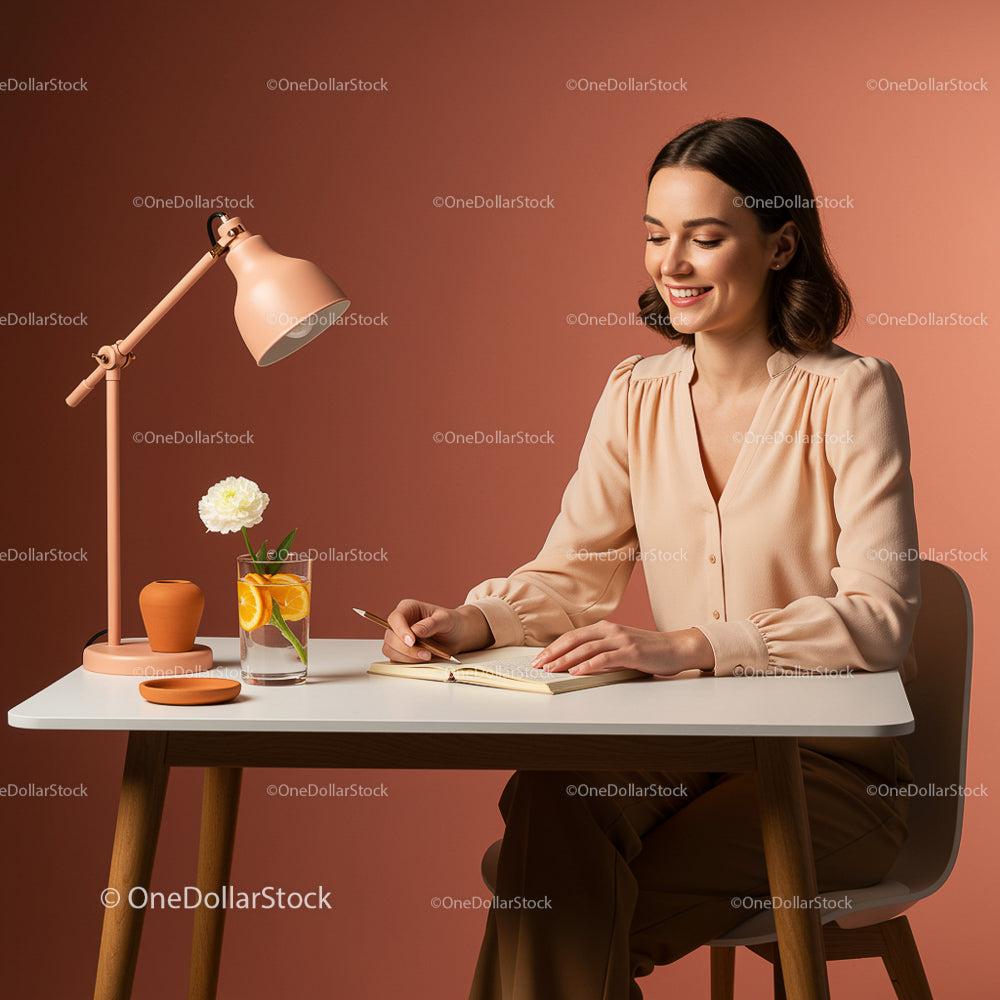 Smiling Woman Writing at Modern Minimalist Desk