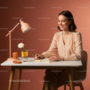 Smiling Woman Writing at Modern Minimalist Desk