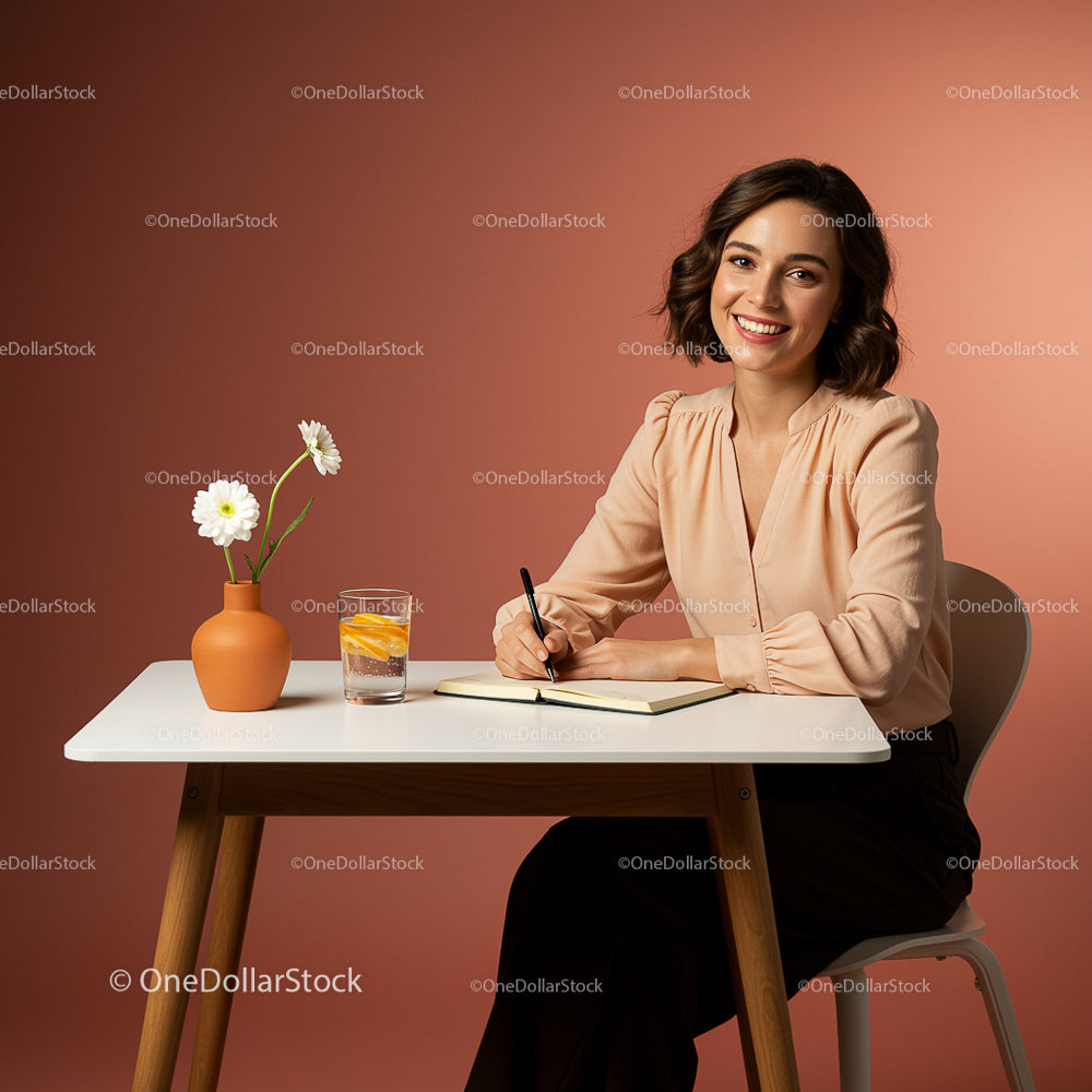Smiling Woman Writing at a Modern Desk with White Flowers