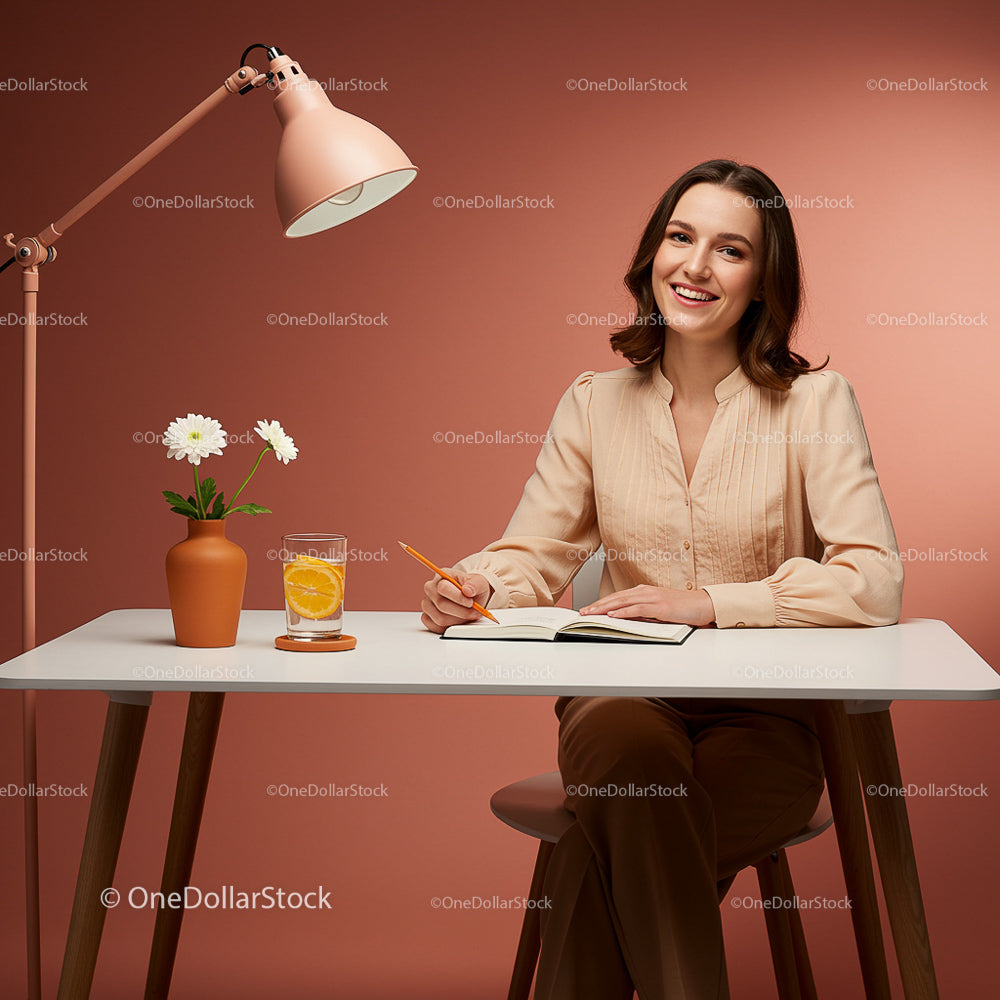 Smiling Woman Writing at Stylish Desk with Orange Background