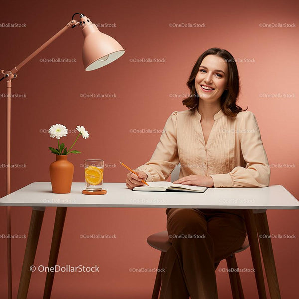 Smiling Woman Writing at Stylish Desk with Orange Background