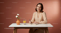 Smiling Woman Writing at Cozy Home Office Desk
