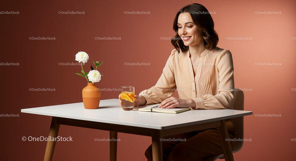 Smiling Woman Writing Notes with Daisies in Orange Vase