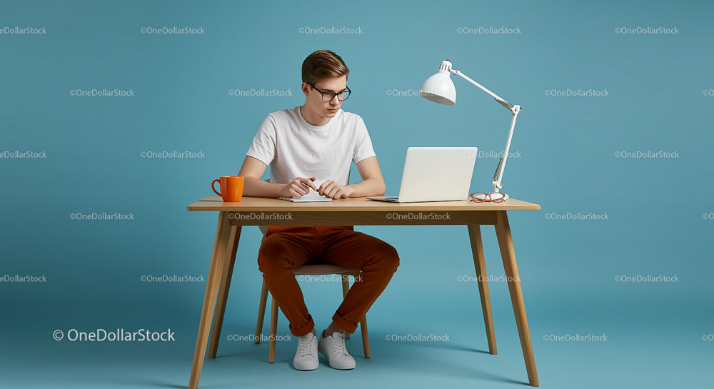 Young Man Studying at Modern Minimalist Desk
