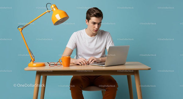 Young Man Working on Laptop in Modern Workspace