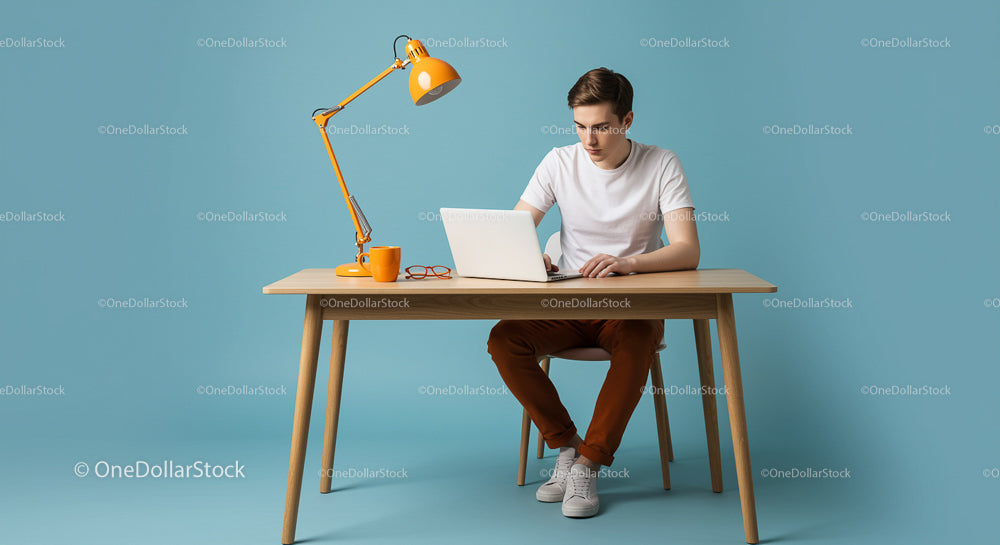 Young Man Working on Laptop in a Minimalist Home Office