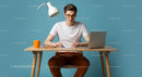 Focused Young Man Working at Minimalist Desk with Laptop