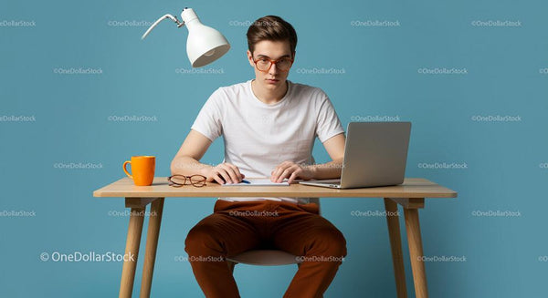 Focused Young Man Working at Minimalist Desk with Laptop