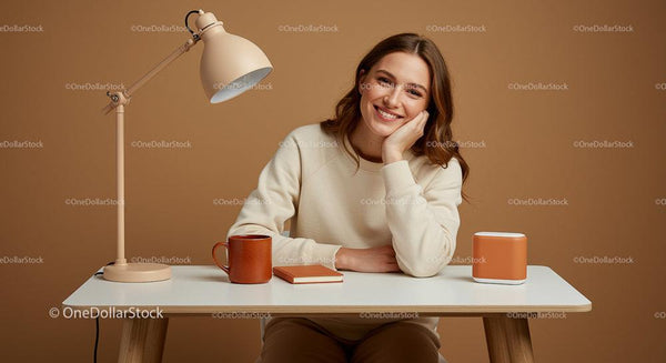 Smiling Woman in Warm-Toned Minimalist Workspace