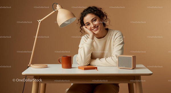 Smiling Woman at Modern Minimalist Desk