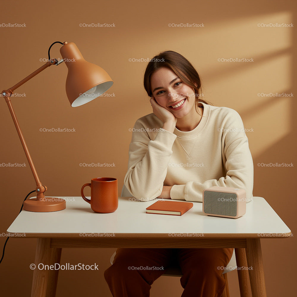 Smiling Woman in Cozy Home Office Workspace with Warm Tones
