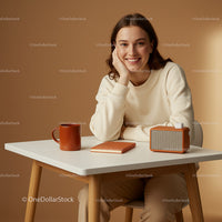 Smiling Woman in Cozy Beige and Brown Setting