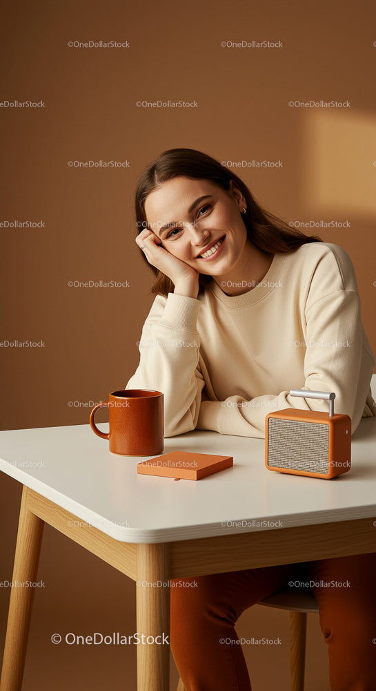 Smiling Woman in Cozy Modern Setting with Brown Tones