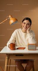 Smiling Woman Relaxing at Minimalist Desk