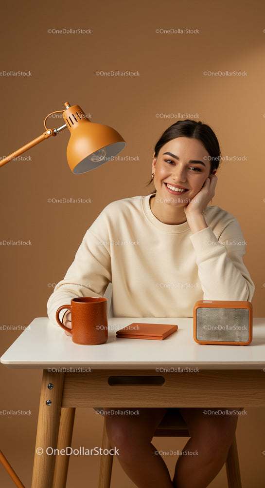 Smiling Woman Relaxing at Minimalist Desk