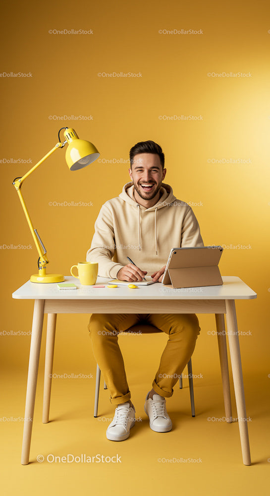 Smiling Man Working in Yellow Themed Home Office
