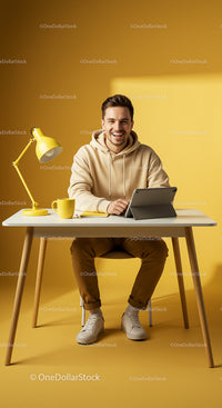Smiling Man in Casual Attire Working on Digital Tablet