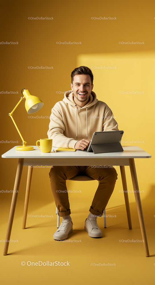 Smiling Man in Casual Attire Working on Digital Tablet