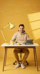 Cheerful Young Man Working in Modern Yellow Office